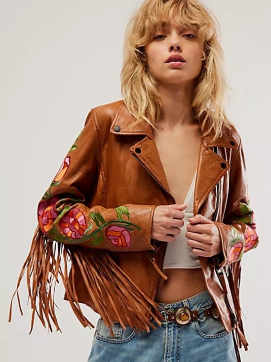 Free People Jackets & Blazers - Free people x MAURITUS Crissy brown leather fringe jacket floral Size L